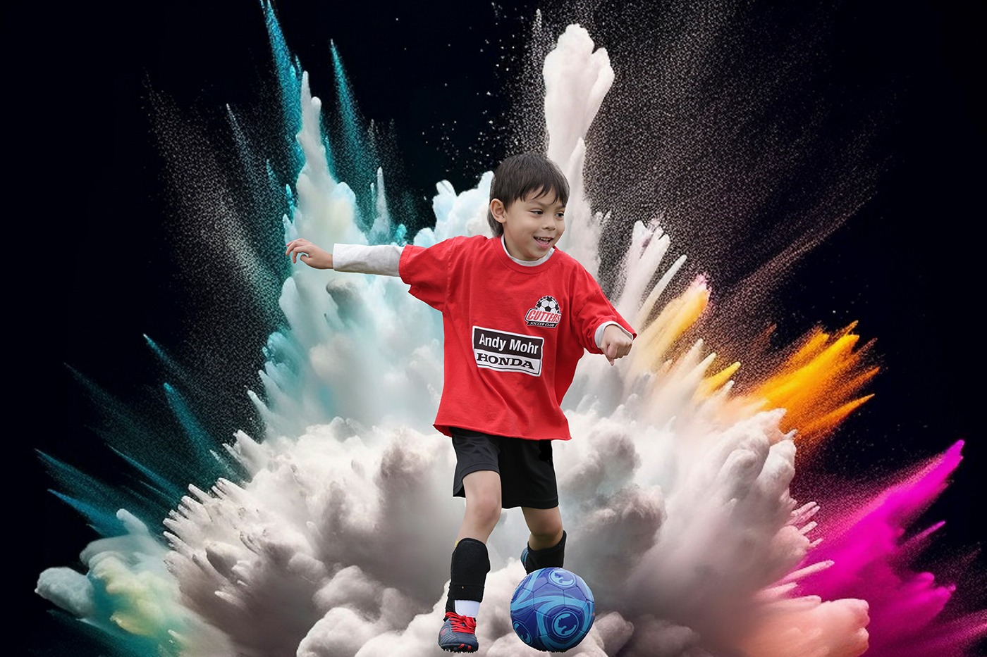 A young boy in a red soccer jersey kicks a blue ball