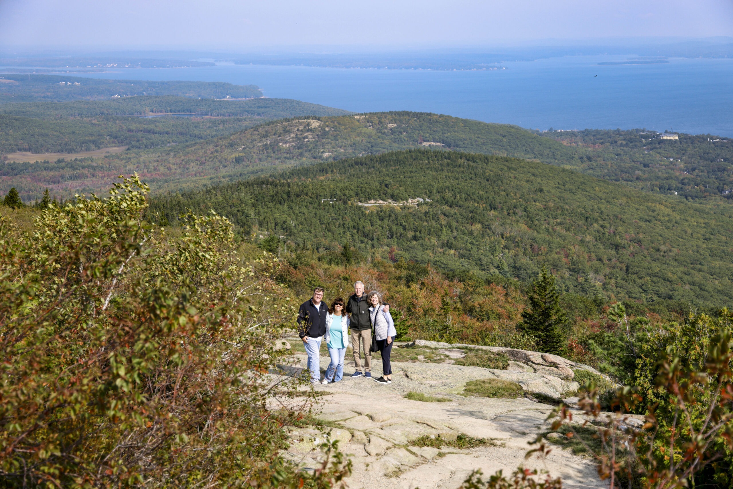 Four people stand on a rocky outcrop overlooking a lush