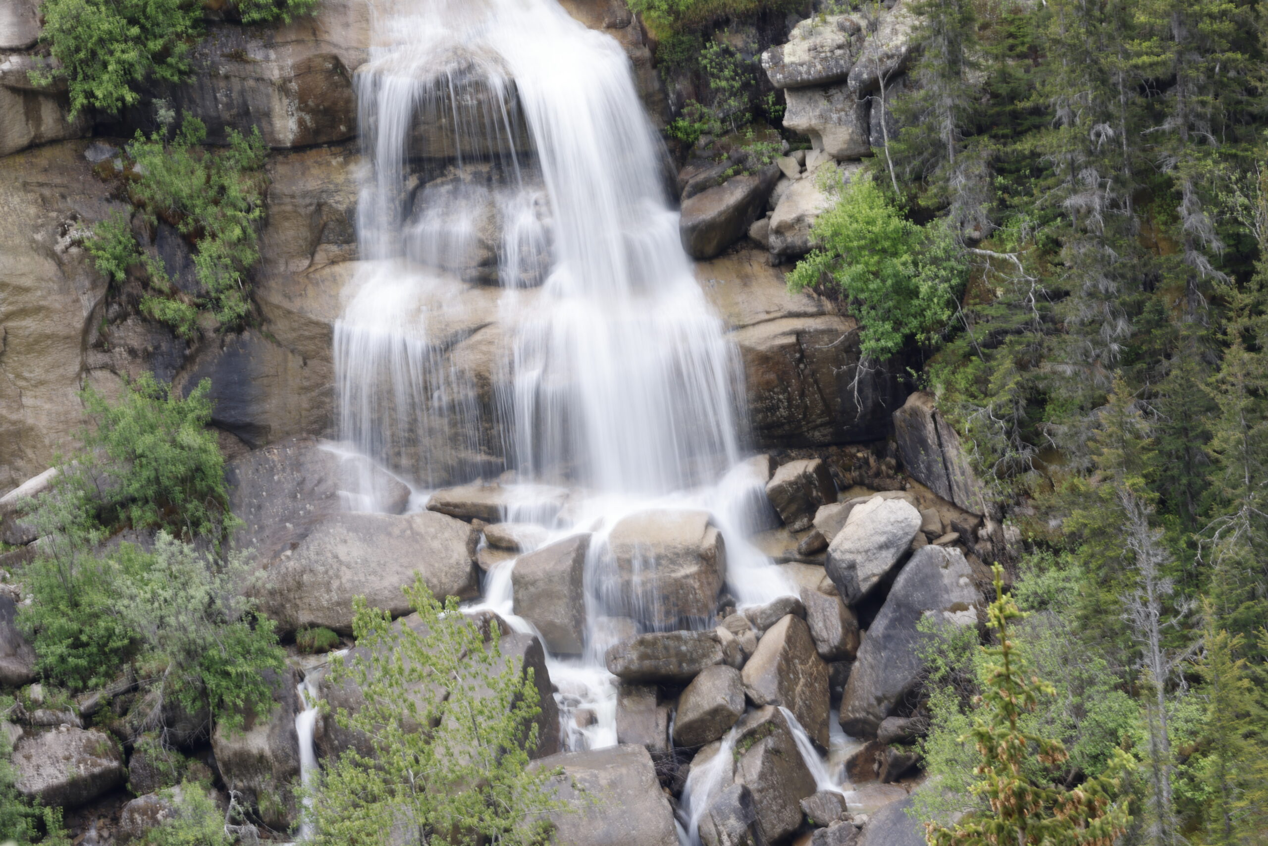 Water cascades down a rocky cliff surrounded by lush greenery