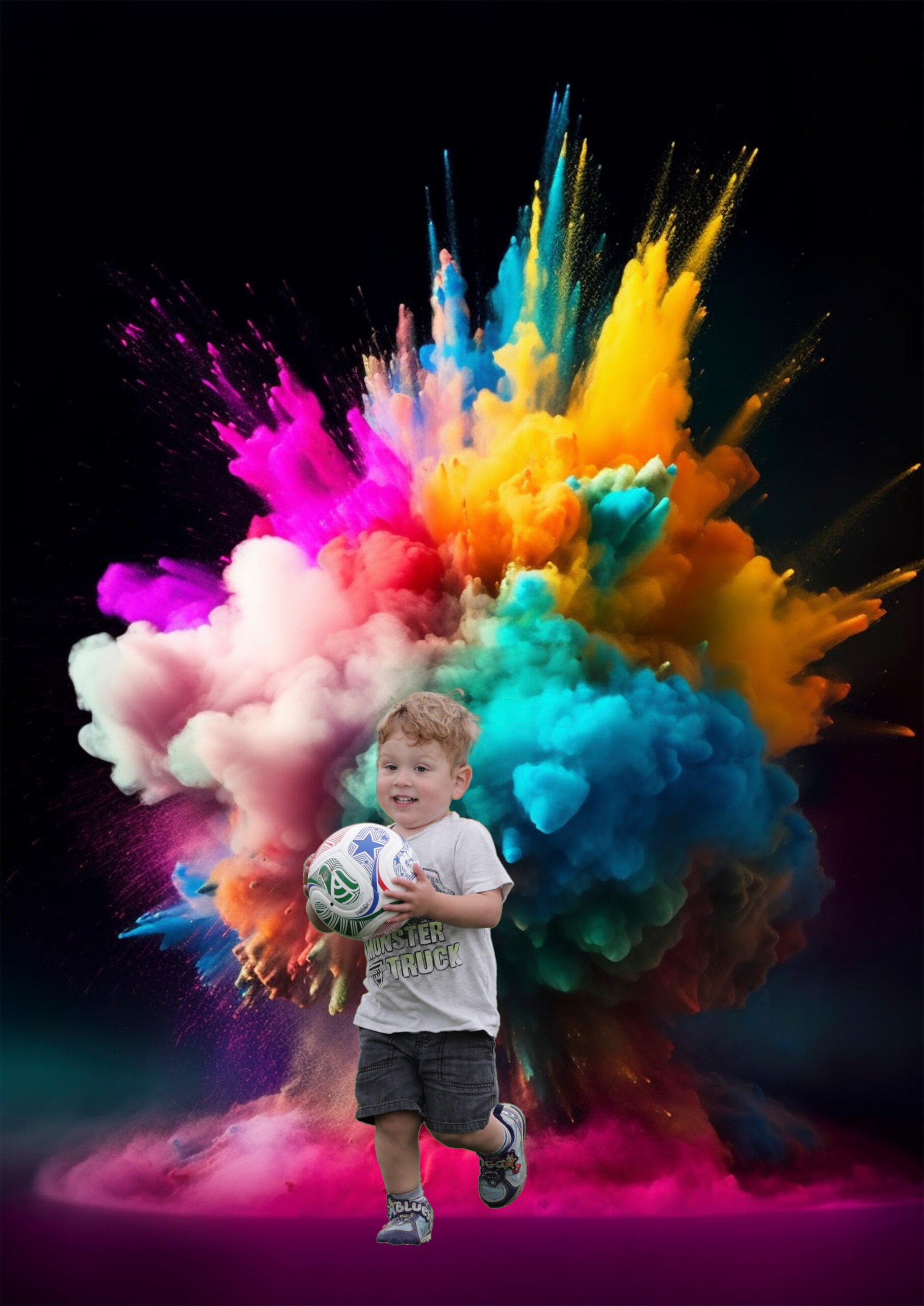 A young boy runs joyfully with a soccer ball in front of a vibrant explosion of colorful smoke